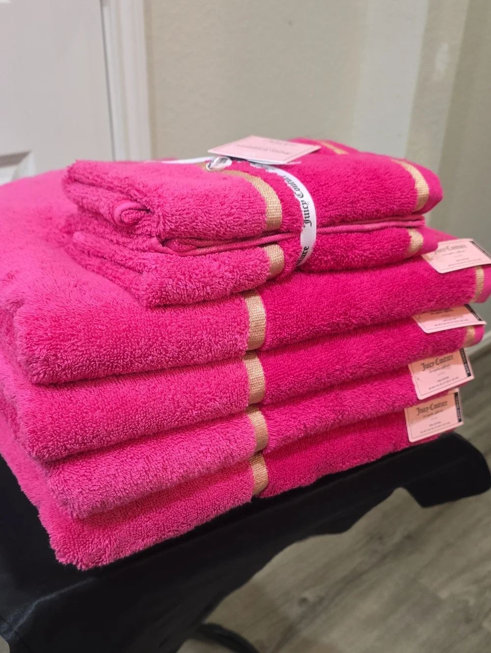 Juicy Couture Home Gold Embroidered Double Stripe Plush Bath & Hand Towel Set